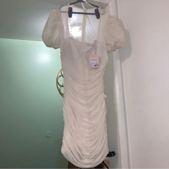 MISGUIDED WHITE MESH PUFF SLEEVE MILKMAID BODYCON MINI DRESS SIZE 6 - Picture 7 of 9